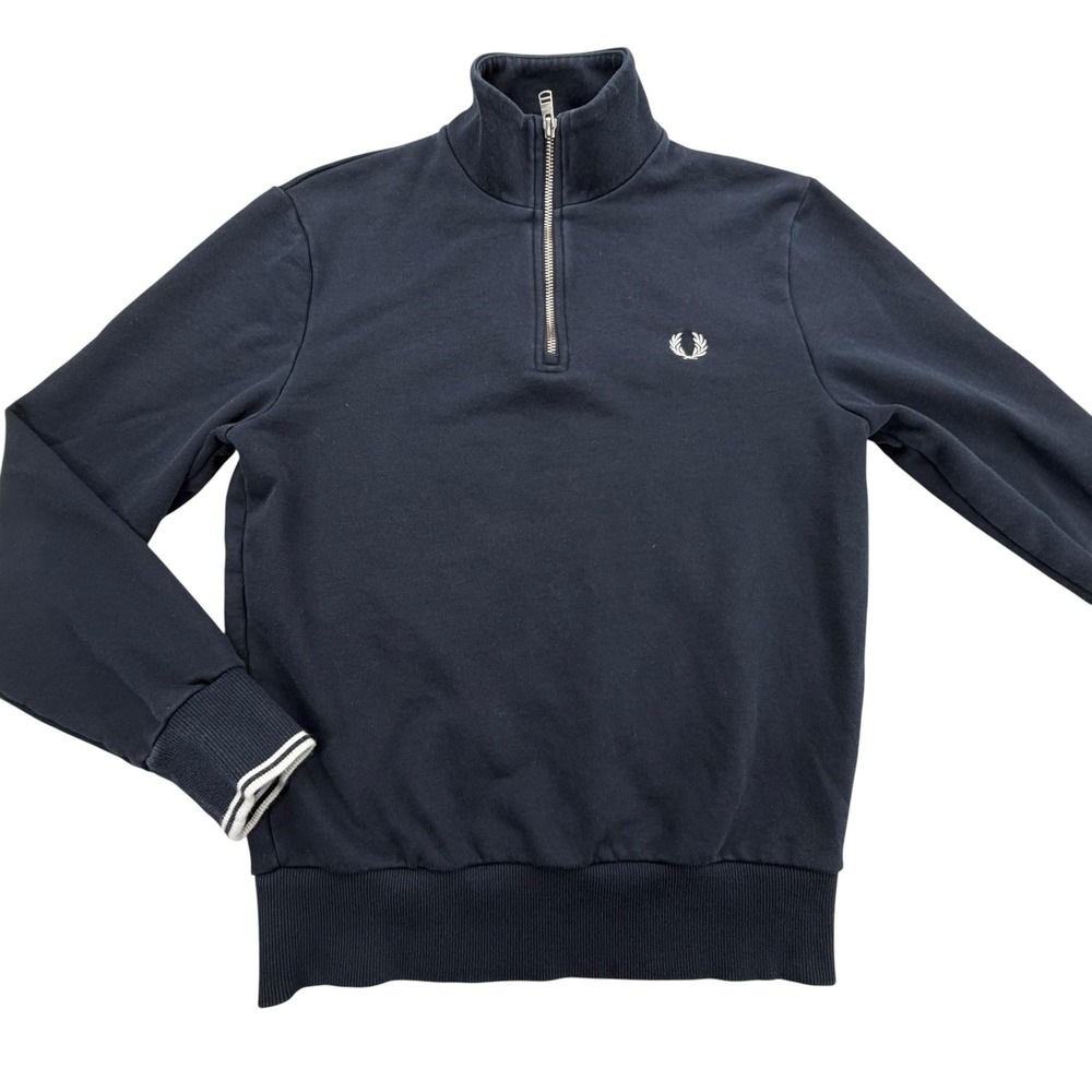 Fred Perry Sweatshirt Mens S Navy Pullover 1/4 Zip Fleece Cotton Logo Mock Neck